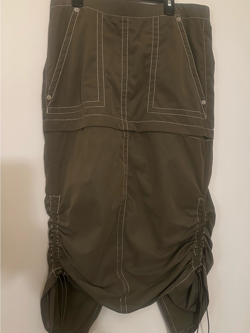 True Religion Olive Green Ruched Drawstring Midi Skirt